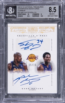 2012-13 Panini National Treasures "Champions Signatures" Combos #20 Kobe Bryant/Shaquille ONeal Dual Signed Card (#15/15) – BGS NM-MT+ 8.5/BGS 9